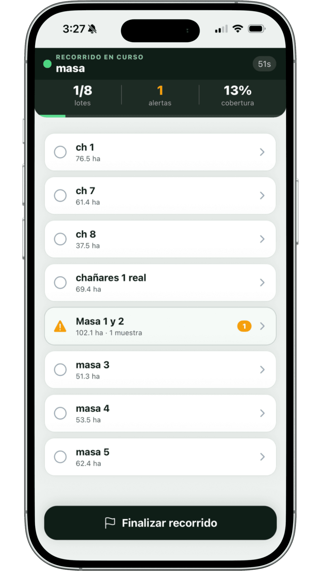 Recorrida activa en la app móvil de ScoutField