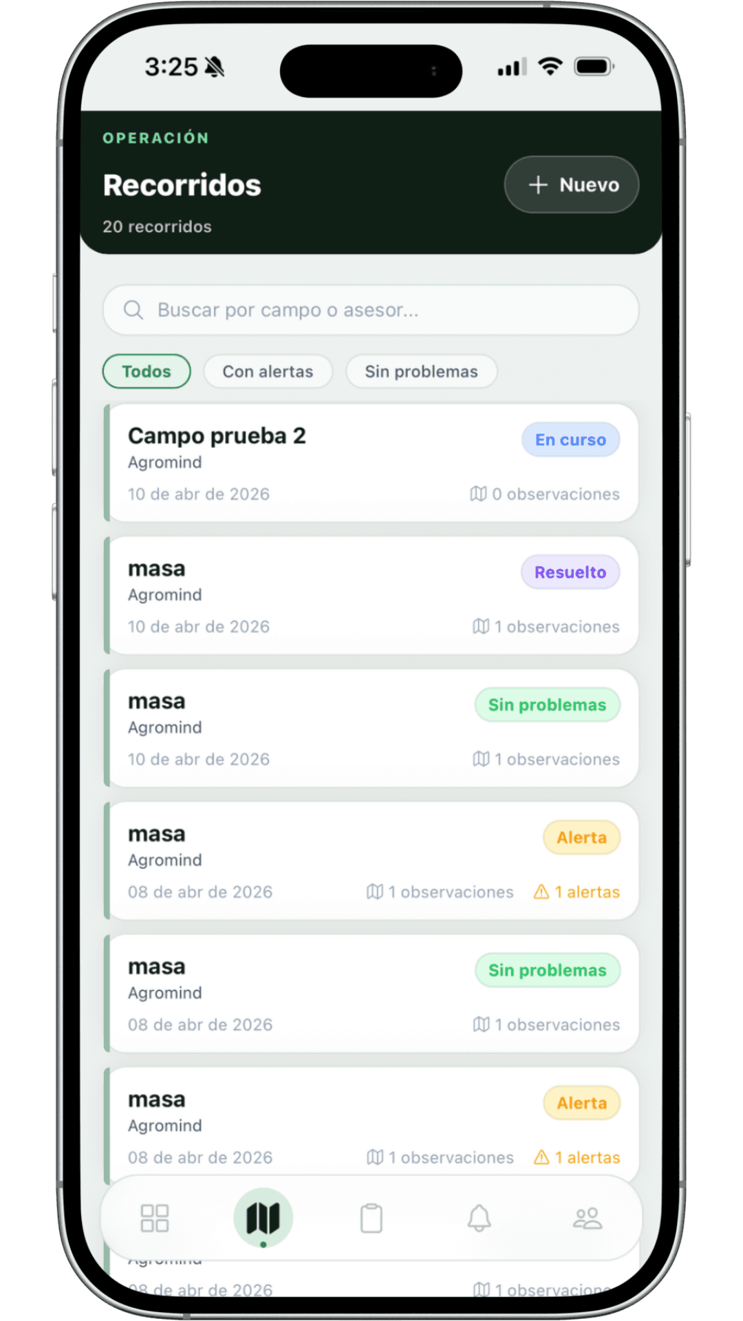 Recorrida activa en la app móvil de ScoutField