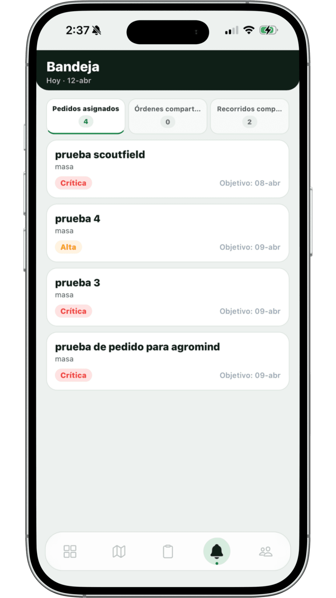 Bandeja del equipo en la app móvil de ScoutField