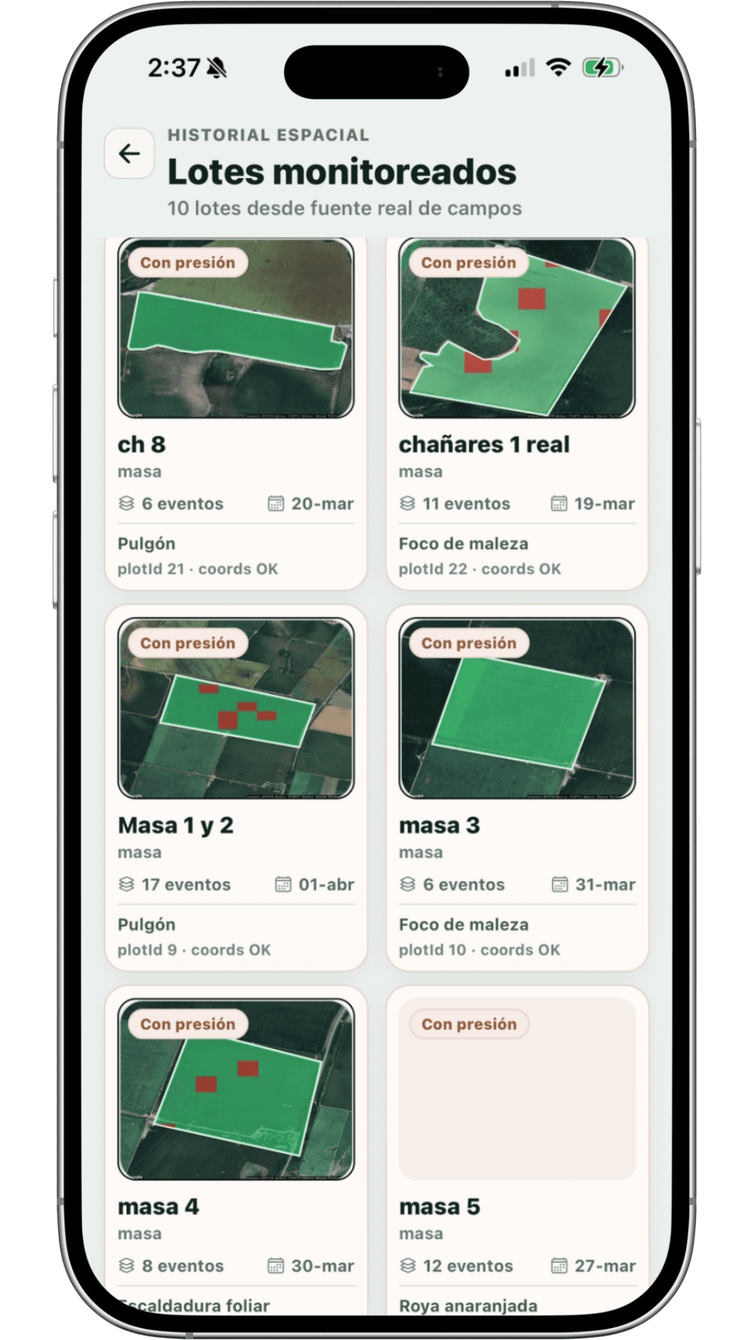 Historial sanitario de lote en la app móvil de ScoutField